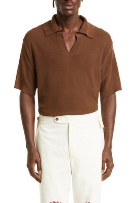 Bode Men's Edge Stripe Polo Sweater in Brown