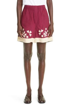 Bode Moonflower Appliqué Pull-On Shorts in Maroon Cream