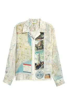 Bode New York City Map Long Sleeve Silk Button-Up Shirt in Multi Ivory