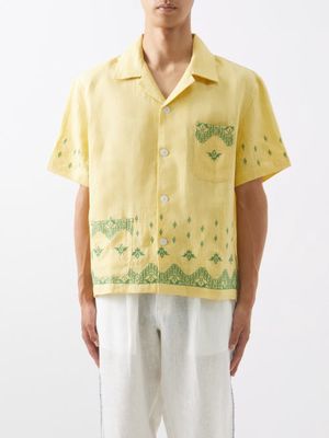 Bode - Peak Cross-stitched Linen Shirt - Mens - Yellow