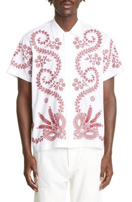 Bode Pilea Embroidered Short Sleeve Shirt in Red White