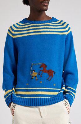 Bode Pony Lasso Boxy Fit Crewneck Sweater in Blue Multi