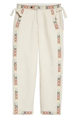 Bode Prisma Cross Stitch Flat Front Linen Blend Pants in Ivory Multi