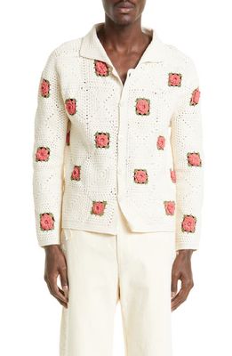 Bode Rosette Crochet Cotton Button-Up Shirt in Pink White