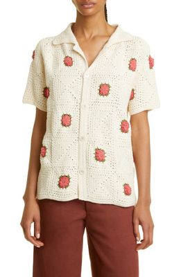Bode Rosette Short Sleeve Crochet Button-Up Shirt in Beige/Pink