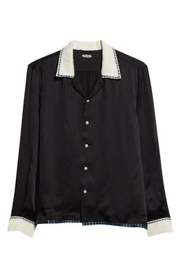 Bode Sellier Embroidered Satin Button-Up Shirt in Black Cream