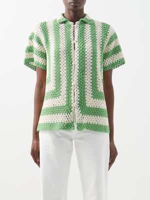 Bode - Short-sleeved Striped Crochet-cotton Shirt - Womens - Green Multi