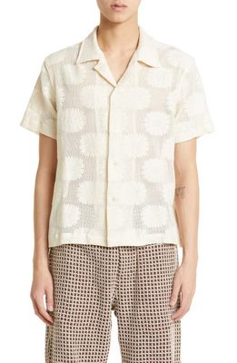 Bode Sunflower Lace Short Sleeve Button-Up Shirt in Ecru