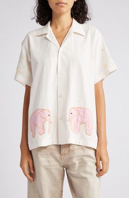 Bode Tiny Zoo Short Sleeve Cotton Button-Up Shirt in Pink White