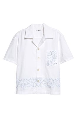Bode Zig-Zag Couching Short Sleeve Button-Up Shirt in White Blue