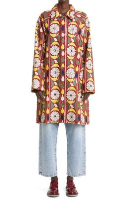 Bode Zinnia Floral Embroidered Single Breasted Cotton Coat in Red Multi