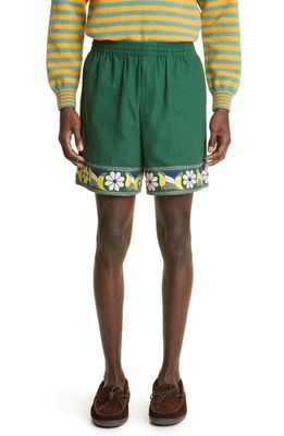 Bode Zinnia Ribbon Cotton Pull-On Shorts in Green Multi