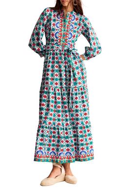 Boden Alba Long Sleeve Tiered Cotton Maxi Dress in Multi Coastal Tile