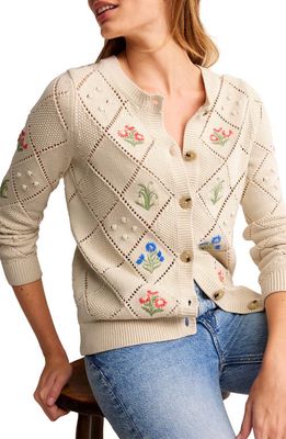 Boden Floral Embroidered Cotton Cardigan in Warm Ivory