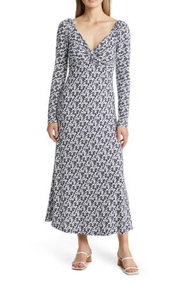 Boden Floral Long Sleeve Sweetheart Neck Midi Dress in French Navy