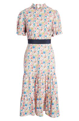 Boden Floral Print Frill Neck Cotton Midi Dress in Milkshake Elegant Bloom