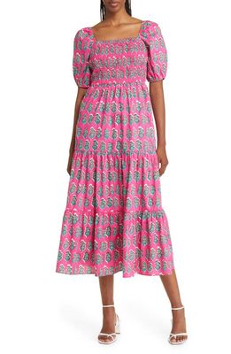 Boden Floral Puff Sleeve Tiered Maxi Dress in Pink Artisan Bloom