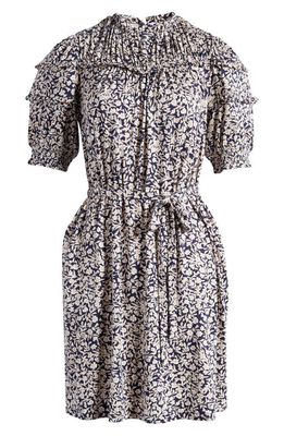 Boden Floral Ruffle Puff Sleeve Jersey Dress in Navy