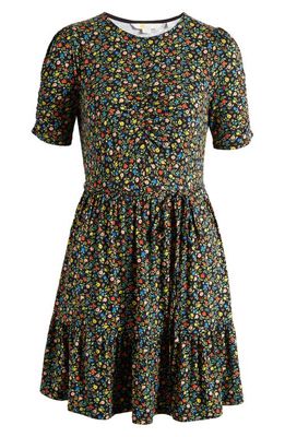 Boden Floral Short Sleeve Tiered Fit & Flare Minidress in Black Petal Foliage