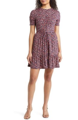 Boden Floral Short Sleeve Tiered Fit & Flare Minidress in Pink Sherbet Petal Foliage