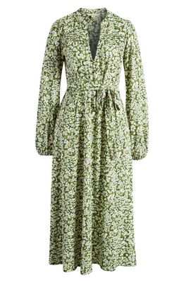 Boden Floral Split Neck Long Sleeve Cotton Blend Midi Dress in Park Ranger Heart Bloom