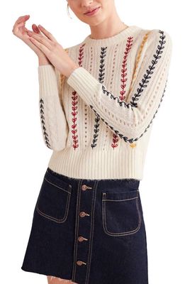 Boden Mix Stitch Embroidered Crewneck Sweater in Warm Ivory