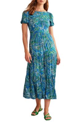 Boden Paisley Puff Sleeve Tiered Maxi Dress in Aegean Blue