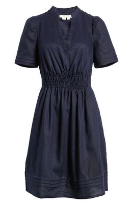 Boden Pintuck Short Sleeve Linen Fit & Flare Dress in Navy