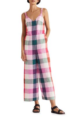 Boden Plaid Smocked Linen Jumpsuit in Bonbon And Pink