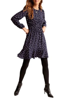 Boden Polka Dot Pleated Bodice Long Sleeve Minidress in French Navy Spaced Dot