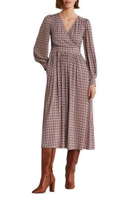 Boden Print Long Sleeve Faux Wrap Midi Dress in Almond Pink Square