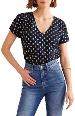 Boden Print Short Sleeve Cotton Jersey Top in French Navy Leaf