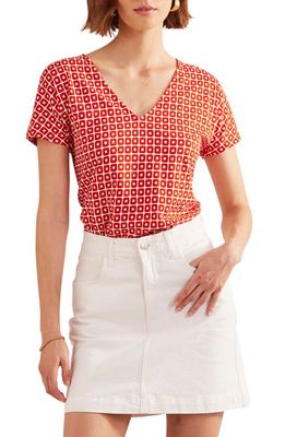 Boden Print Short Sleeve Cotton Jersey Top in Vermillion Cube