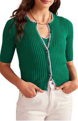 Boden Rib Crochet Accent Short Sleeve Cardigan in Bright Emerald