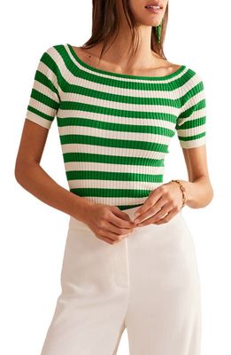 Boden Rib Off the Shoulder Sweater in Rich Emerald Ivory Stripe