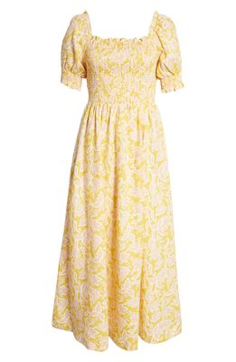 Boden Smocked Floral Linen Midi Dress in Butter
