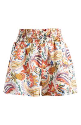 Boden Smocked Waist Linen Shorts in Ivory Conversational Print