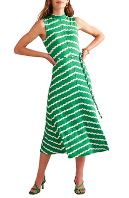 Boden Tie Waist Sleeveless Jersey Midi Dress in Meadow Green Wave