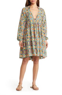 Boden Tiered Long Sleeve Beach Dress in Multi Tapestry Tile