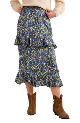 Boden Tiered Ruffle Satin Midi Skirt in Nebulas Blue Gardenia Petal