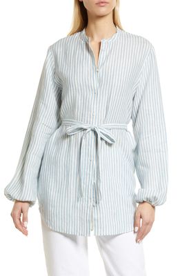 Boden Women's Rosie Print Belted Linen Tunic in Dusty Blue Stripe