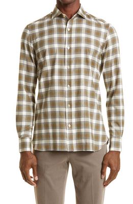Boglioli Plaid Cashmere Flannel Button-Up Shirt in Olive/Brown