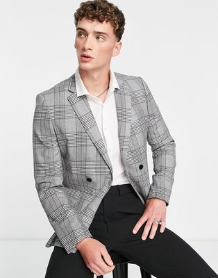 Bolongaro Trevor check double breasted super skinny fit suit jacket-Gray