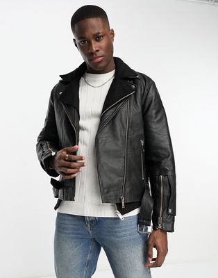 Bolongaro Trevor double layer leather moto jacket with removeable inner lining in black
