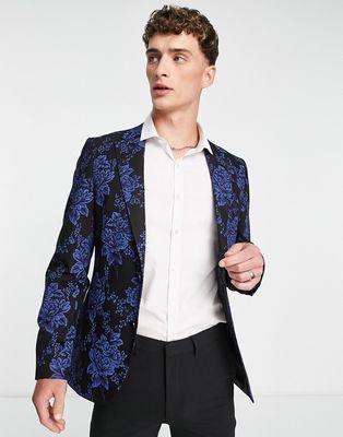 Bolongaro Trevor floral super skinny fit suit jacket-Black