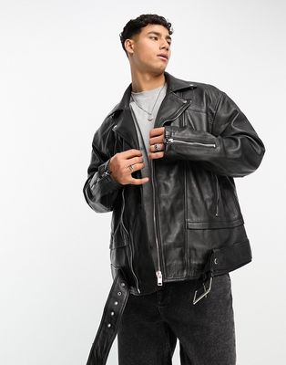 Bolongaro Trevor oversized zip biker leather jacket with belt in black