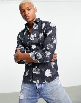 Bolongaro Trevor rose print skinny fit shirt-Black