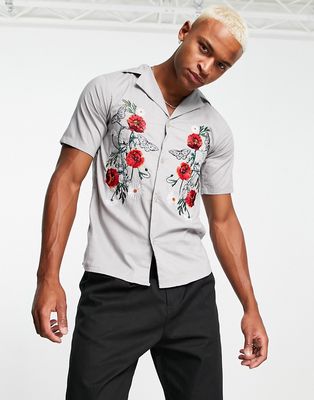 Bolongaro Trevor shirt with rose embroidery in stone-Neutral