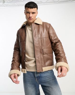 Bolongaro Trevor short shearling collared leather jacket in brown