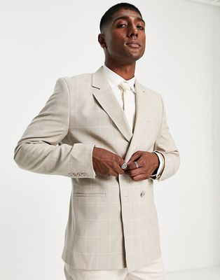 Bolongaro Trevor skinny double breasted suit jacket in stone check-Neutral